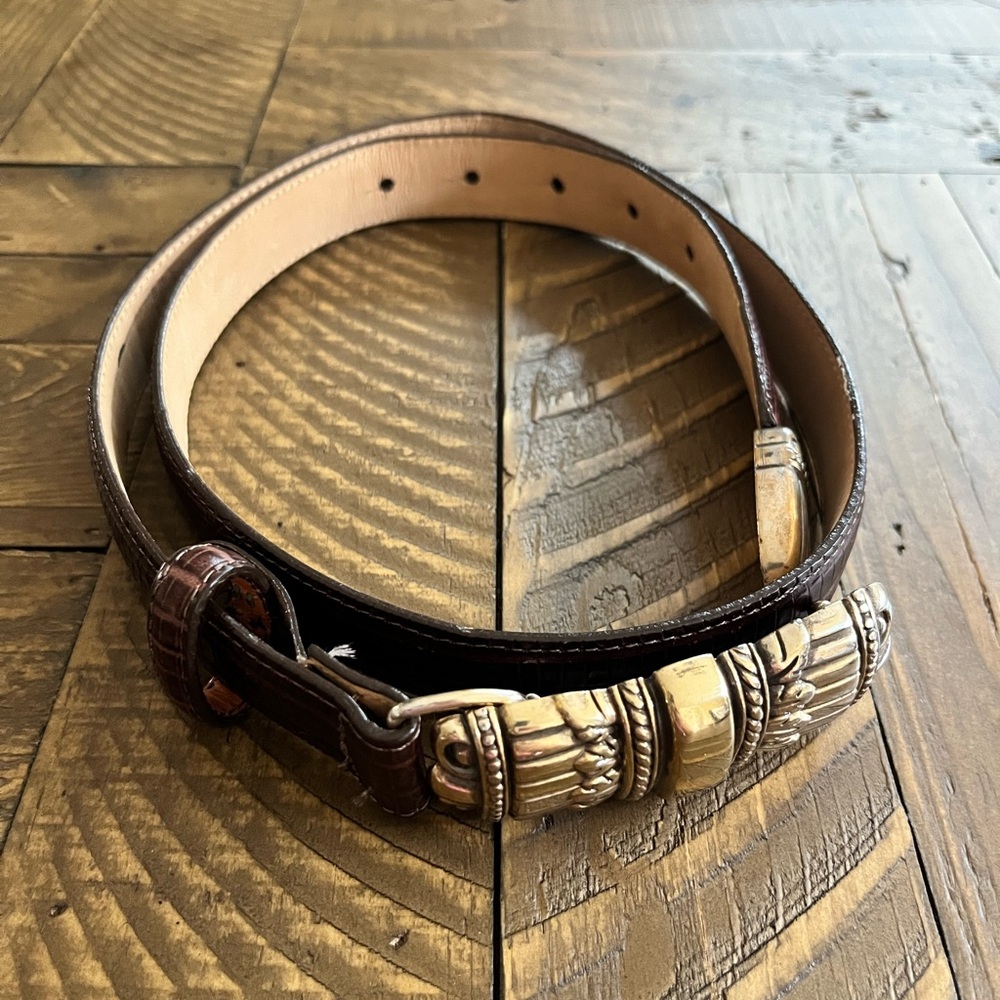 Brighton Western Leather Belt Women’s Size L Brown Embossed Silver Tone Buckle